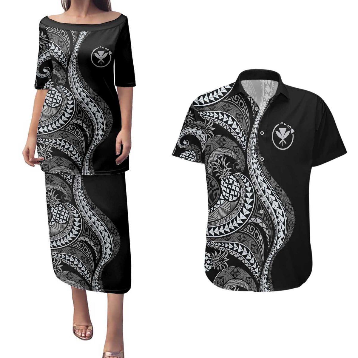 Hawaii Pineapple Gray Scale Tribal Pattern Couples Matching Puletasi and Hawaiian Shirt LT01 Black - Polynesian Pride