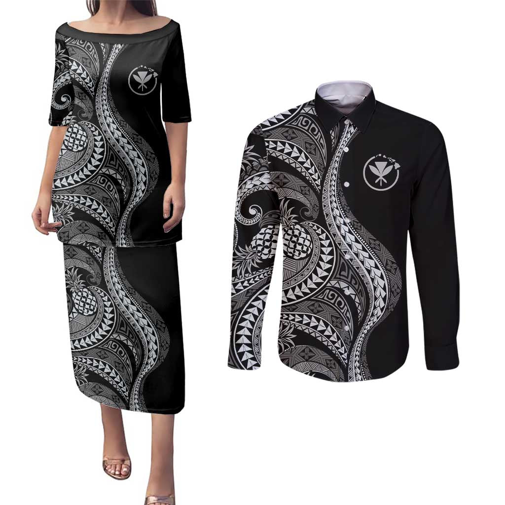 Hawaii Pineapple Gray Scale Tribal Pattern Couples Matching Puletasi and Long Sleeve Button Shirt - Polynesian Pride