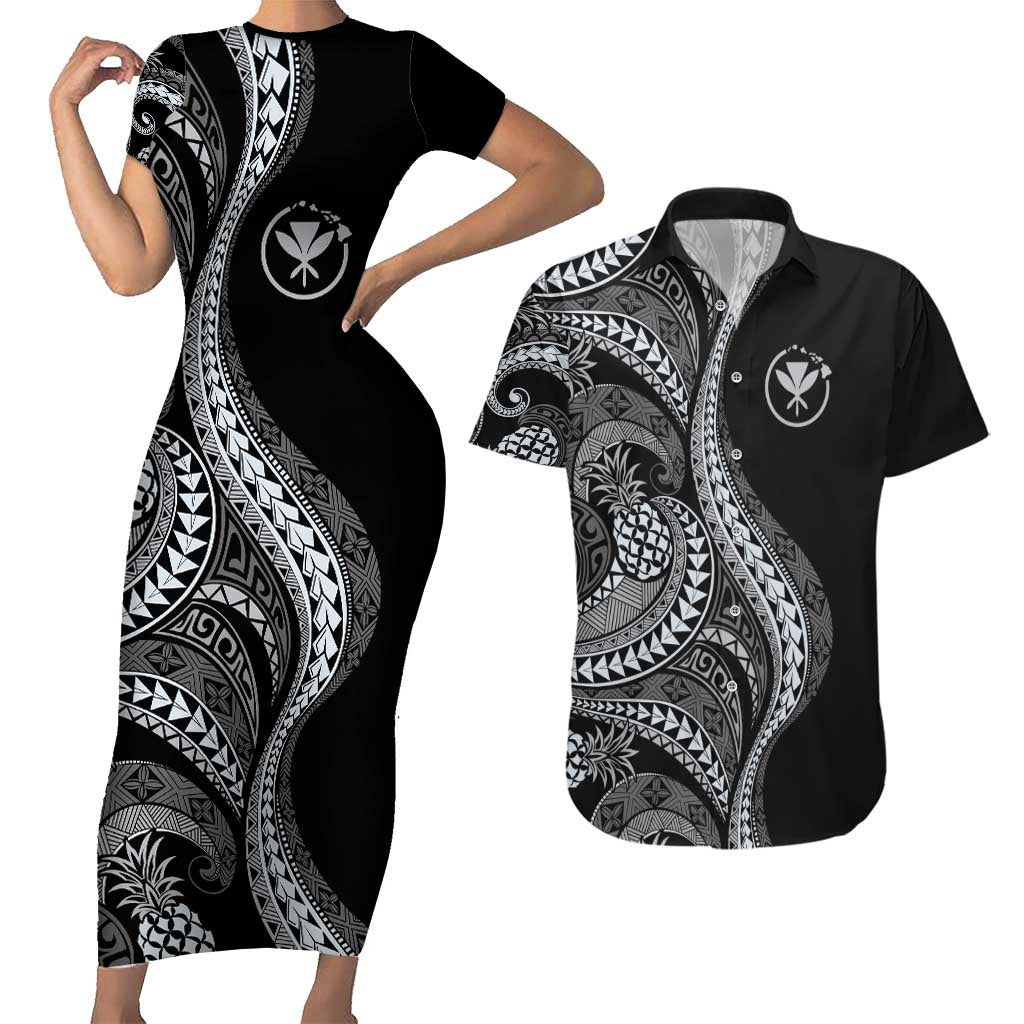 Hawaii Pineapple Gray Scale Tribal Pattern Couples Matching Short Sleeve Bodycon Dress and Hawaiian Shirt - Polynesian Pride