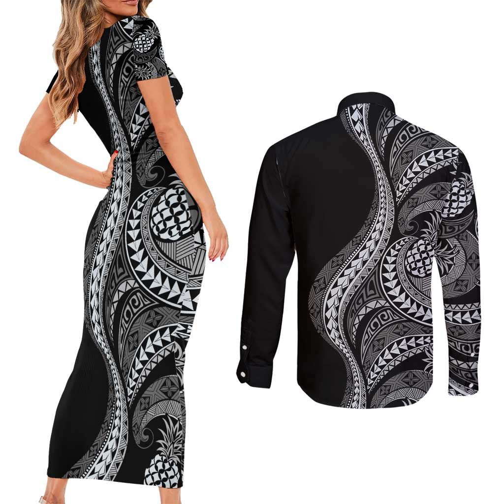 Hawaii Pineapple Gray Scale Tribal Pattern Couples Matching Short Sleeve Bodycon Dress and Long Sleeve Button Shirt - Polynesian Pride