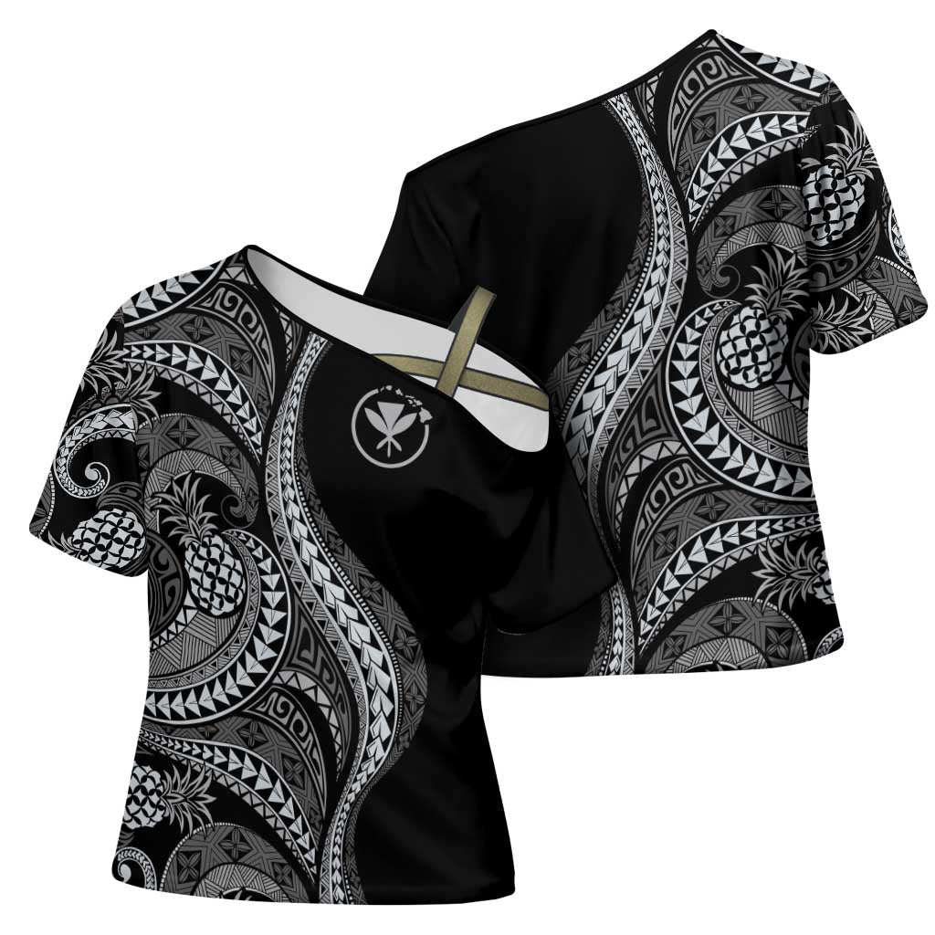 Hawaii Pineapple Gray Scale Tribal Pattern Cross Shoulder Shirt LT01 - Polynesian Pride