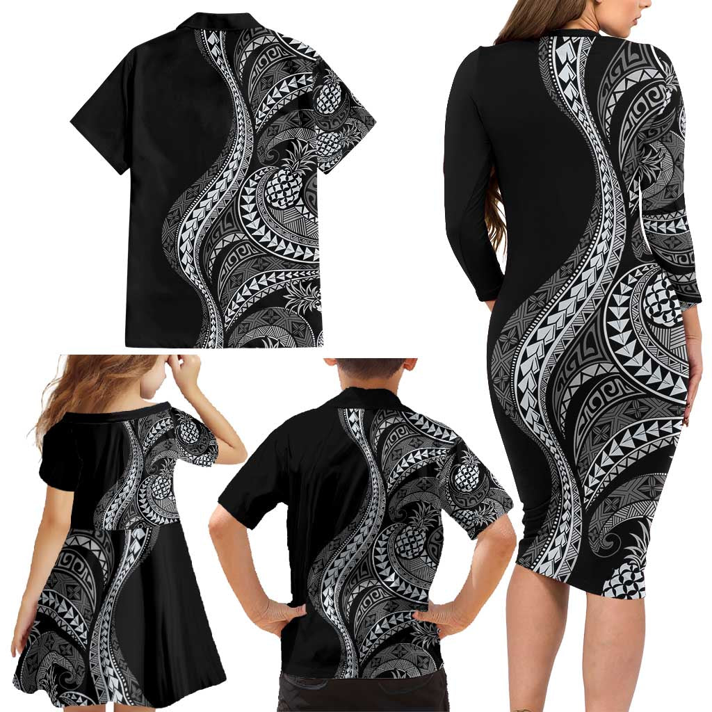 Hawaii Pineapple Gray Scale Tribal Pattern Family Matching Long Sleeve Bodycon Dress and Hawaiian Shirt - Polynesian Pride