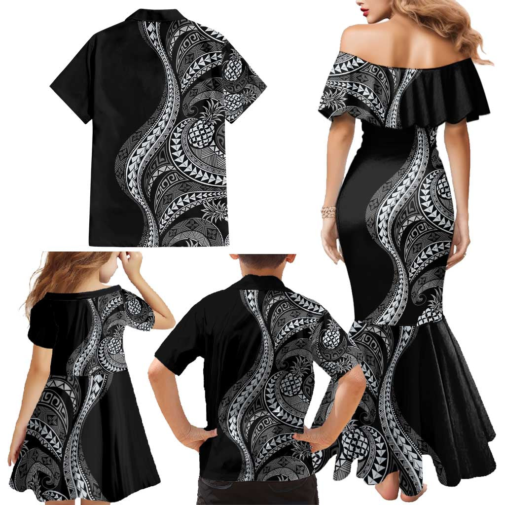 Hawaii Pineapple Gray Scale Tribal Pattern Family Matching Mermaid Dress and Hawaiian Shirt - Polynesian Pride