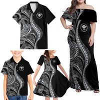 Hawaii Pineapple Gray Scale Tribal Pattern Family Matching Off Shoulder Maxi Dress and Hawaiian Shirt - Polynesian Pride