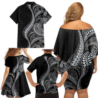 Hawaii Pineapple Gray Scale Tribal Pattern Family Matching Off Shoulder Short Dress and Hawaiian Shirt - Polynesian Pride