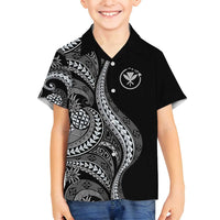 Hawaii Pineapple Gray Scale Tribal Pattern Family Matching Off Shoulder Short Dress and Hawaiian Shirt - Polynesian Pride