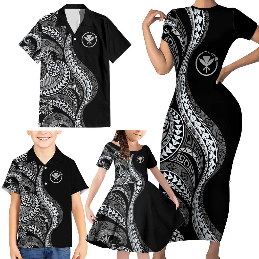 Hawaii Pineapple Gray Scale Tribal Pattern Family Matching Short Sleeve Bodycon Dress and Hawaiian Shirt - Polynesian Pride