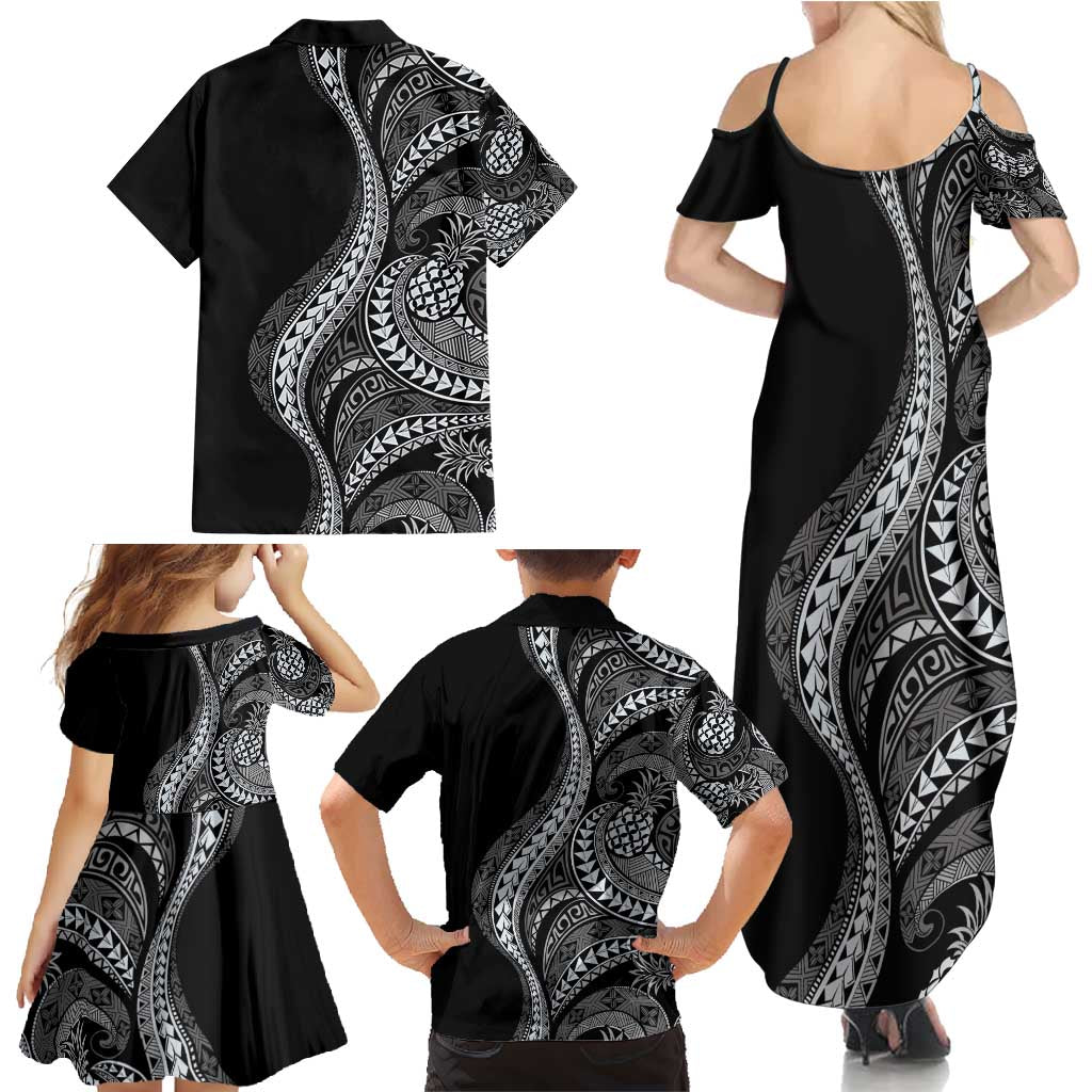 Hawaii Pineapple Gray Scale Tribal Pattern Family Matching Summer Maxi Dress and Hawaiian Shirt - Polynesian Pride