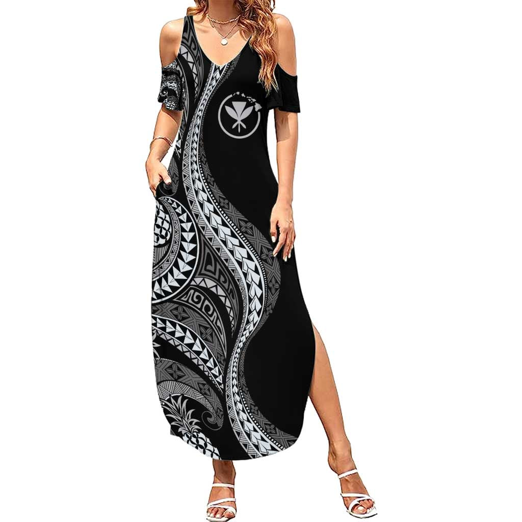 Hawaii Pineapple Gray Scale Tribal Pattern Family Matching Summer Maxi Dress and Hawaiian Shirt - Polynesian Pride