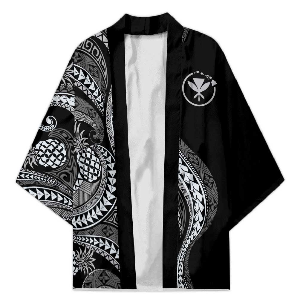 Hawaii Pineapple Gray Scale Tribal Pattern Kimono LT01 Unisex Black - Polynesian Pride