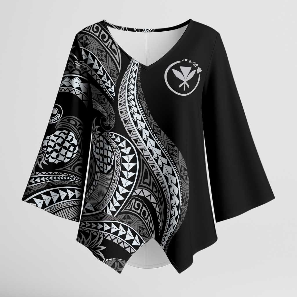 Hawaii Pineapple Gray Scale Tribal Pattern Kimono Sleeve Blouse - Polynesian Pride