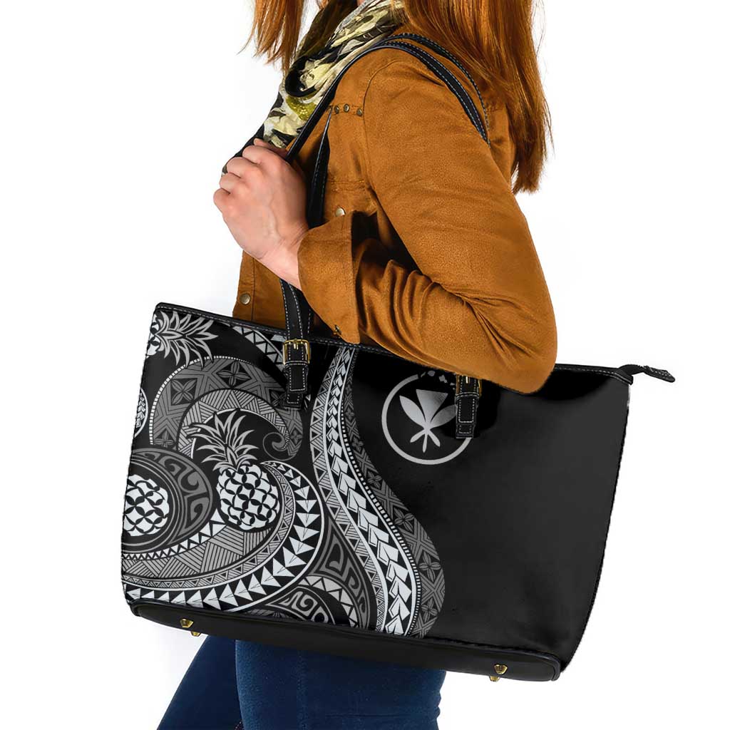 Hawaii Pineapple Gray Scale Tribal Pattern Leather Tote Bag - Polynesian Pride