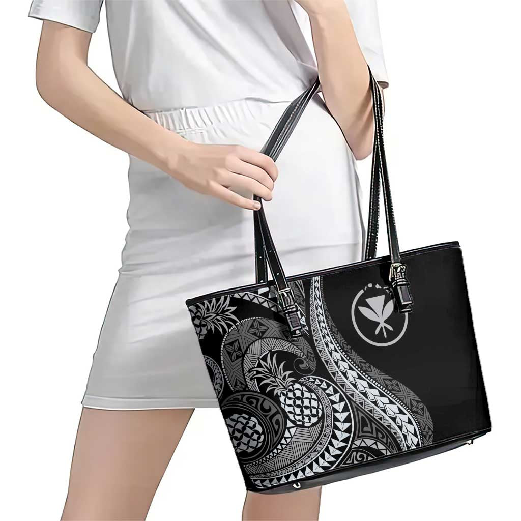 Hawaii Pineapple Gray Scale Tribal Pattern Leather Tote Bag - Polynesian Pride