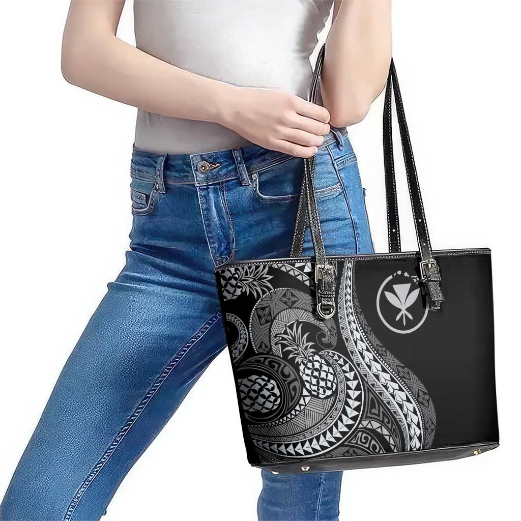 Hawaii Pineapple Gray Scale Tribal Pattern Leather Tote Bag - Polynesian Pride