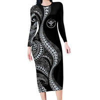 Hawaii Pineapple Gray Scale Tribal Pattern Long Sleeve Bodycon Dress - Polynesian Pride
