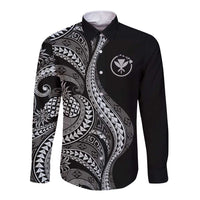 Hawaii Pineapple Gray Scale Tribal Pattern Long Sleeve Button Shirt - Polynesian Pride