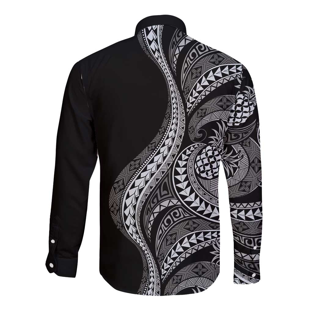 Hawaii Pineapple Gray Scale Tribal Pattern Long Sleeve Button Shirt - Polynesian Pride