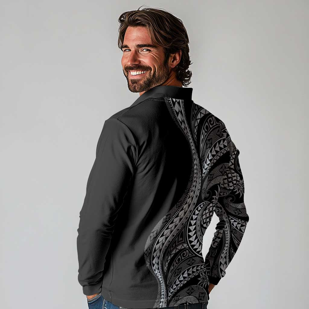 Hawaii Pineapple Gray Scale Tribal Pattern Long Sleeve Polo Shirt - Polynesian Pride
