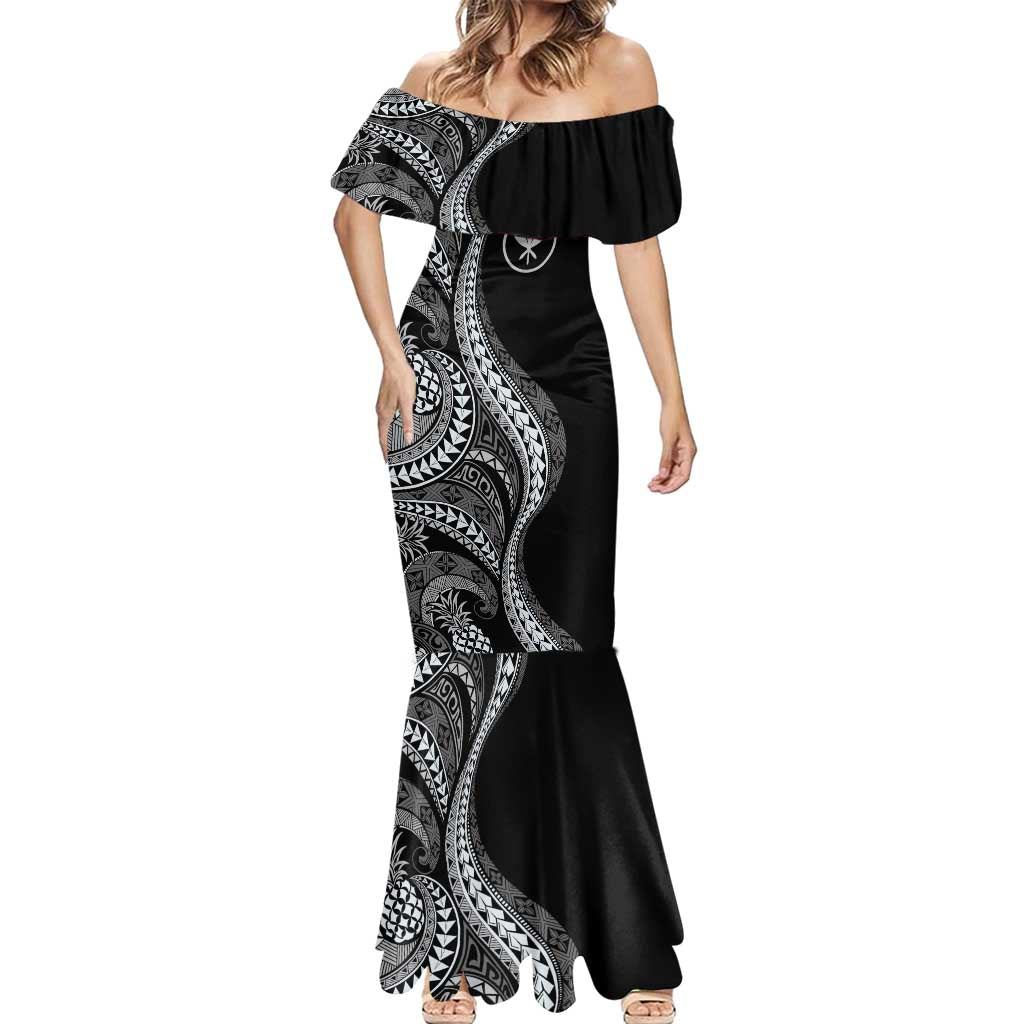 Hawaii Pineapple Gray Scale Tribal Pattern Mermaid Dress - Polynesian Pride