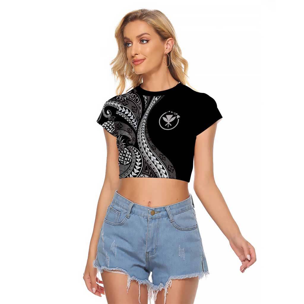 Hawaii Pineapple Gray Scale Tribal Pattern Raglan Cropped T Shirt LT01 Female Black - Polynesian Pride