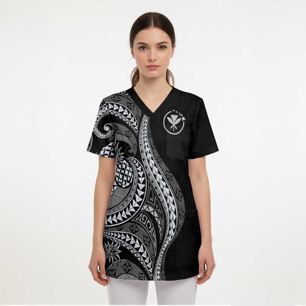 Hawaii Pineapple Gray Scale Tribal Pattern Scrub Top - Polynesian Pride