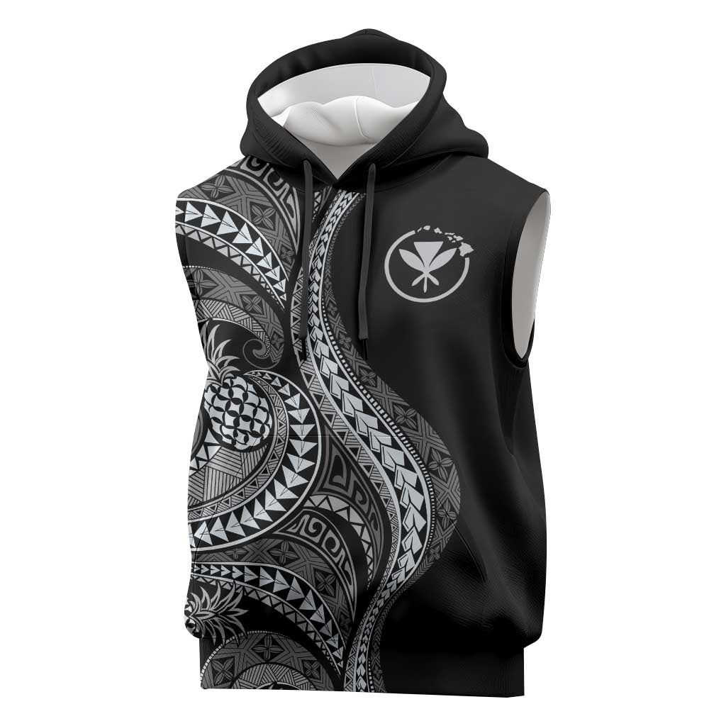 Hawaii Pineapple Gray Scale Tribal Pattern Sleeveless Hoodie LT01 Black - Polynesian Pride