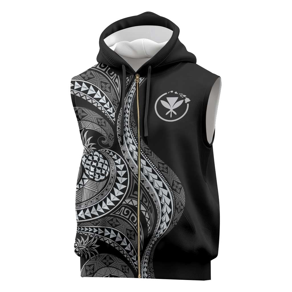 Hawaii Pineapple Gray Scale Tribal Pattern Sleeveless Zip Hoodie - Polynesian Pride