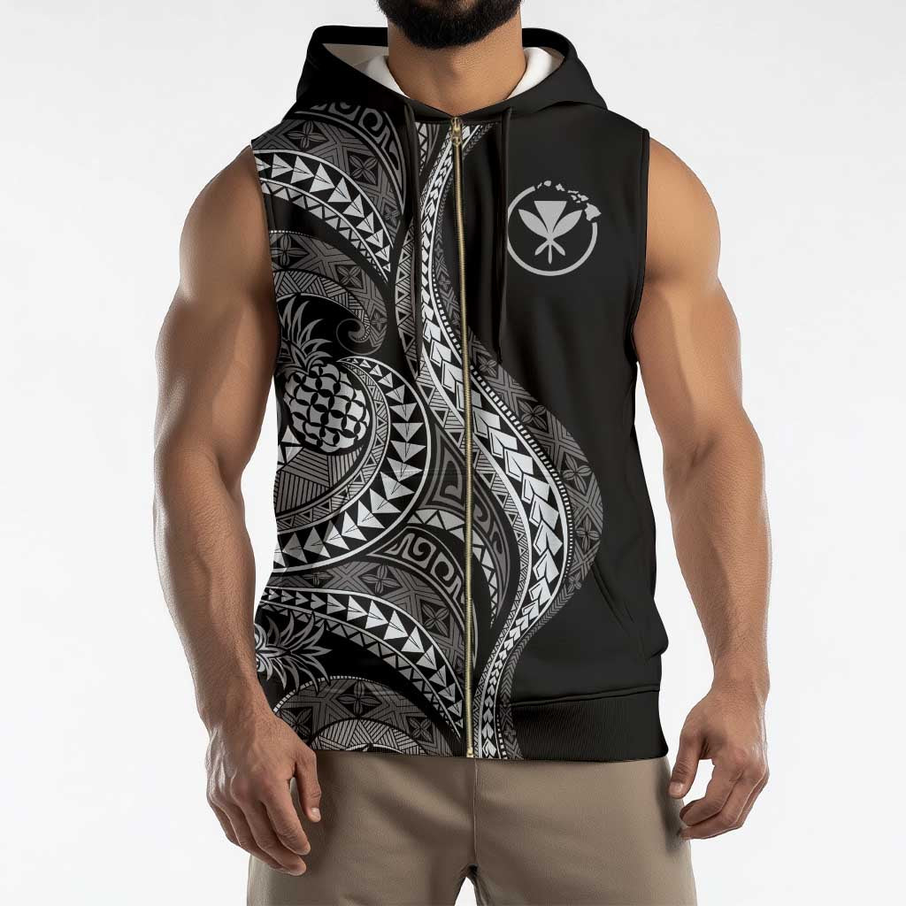 Hawaii Pineapple Gray Scale Tribal Pattern Sleeveless Zip Hoodie - Polynesian Pride