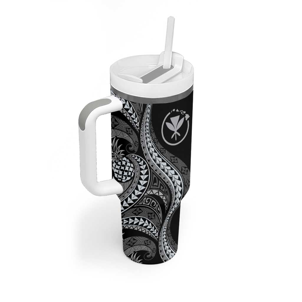 Hawaii Pineapple Gray Scale Tribal Pattern Tumbler With Handle - Polynesian Pride