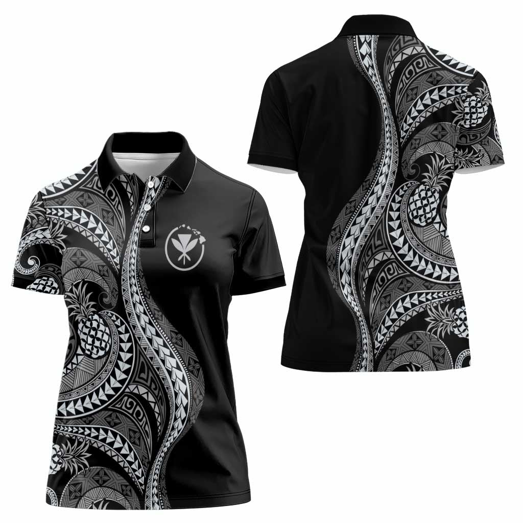Hawaii Pineapple Gray Scale Tribal Pattern Women Polo Shirt - Polynesian Pride