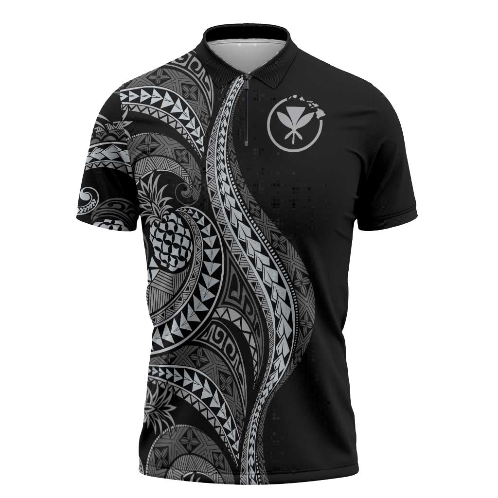 Hawaii Pineapple Gray Scale Tribal Pattern Zipper Polo Shirt - Polynesian Pride
