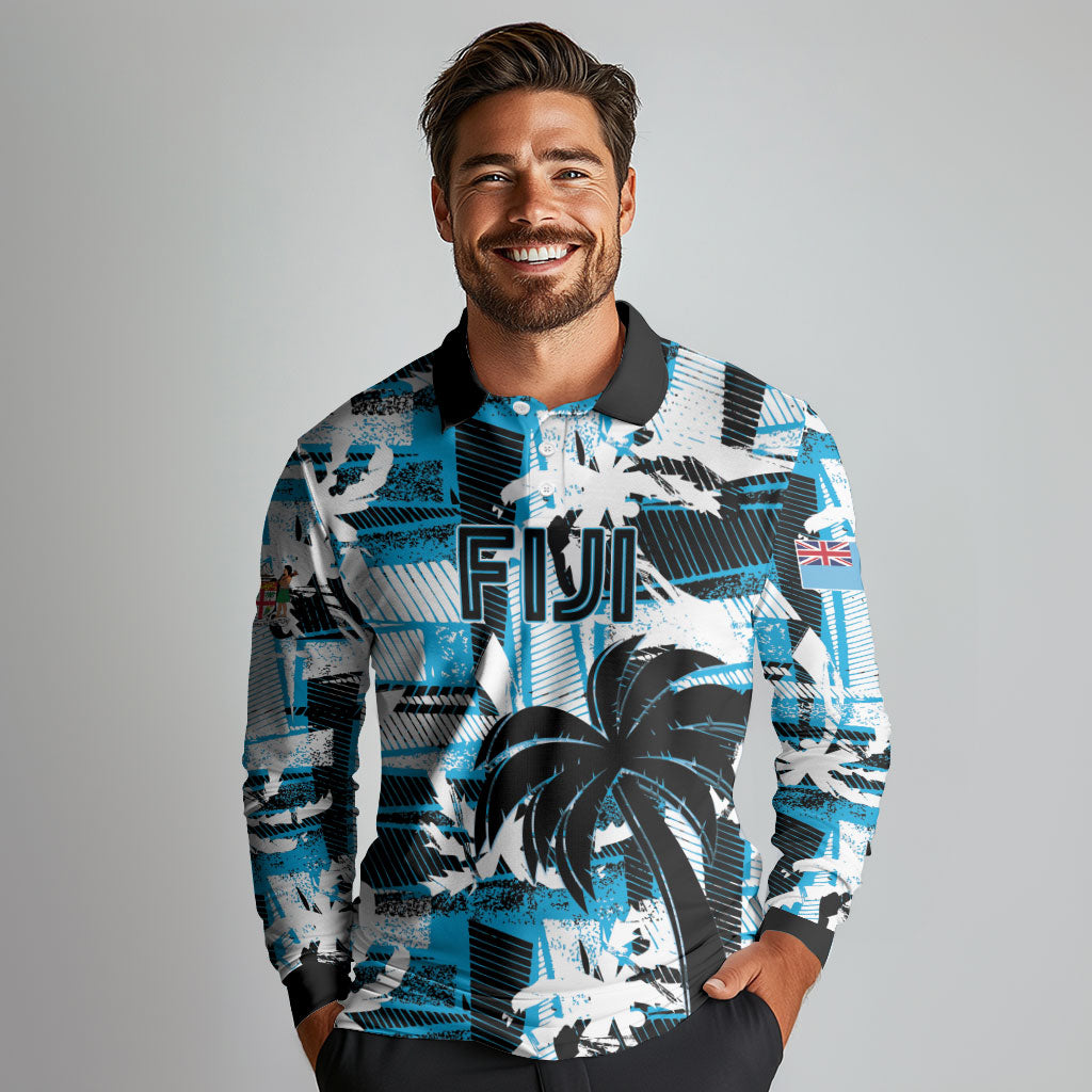 Custom Fijian Rugby Long Sleeve Polo Shirt Grunge Palm Stylized LT01 - Polynesian Pride