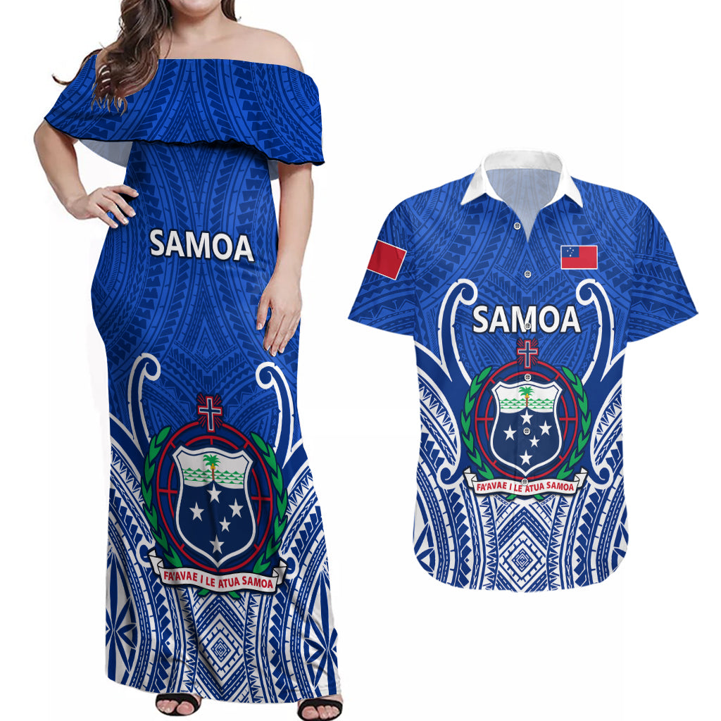 Samoa Rugby Couples Matching Off Shoulder Maxi Dress and Hawaiian Shirt Manu Samoa Go 2023 World Cup LT01 Blue - Polynesian Pride