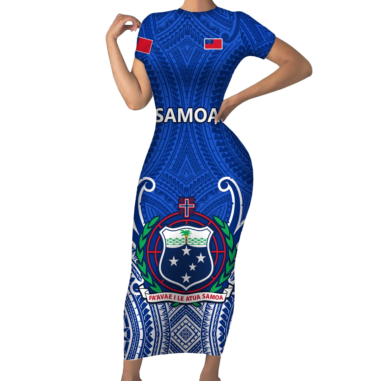 Samoa Rugby Short Sleeve Bodycon Dress Manu Samoa Go 2023 World Cup LT01 Long Dress Blue - Polynesian Pride