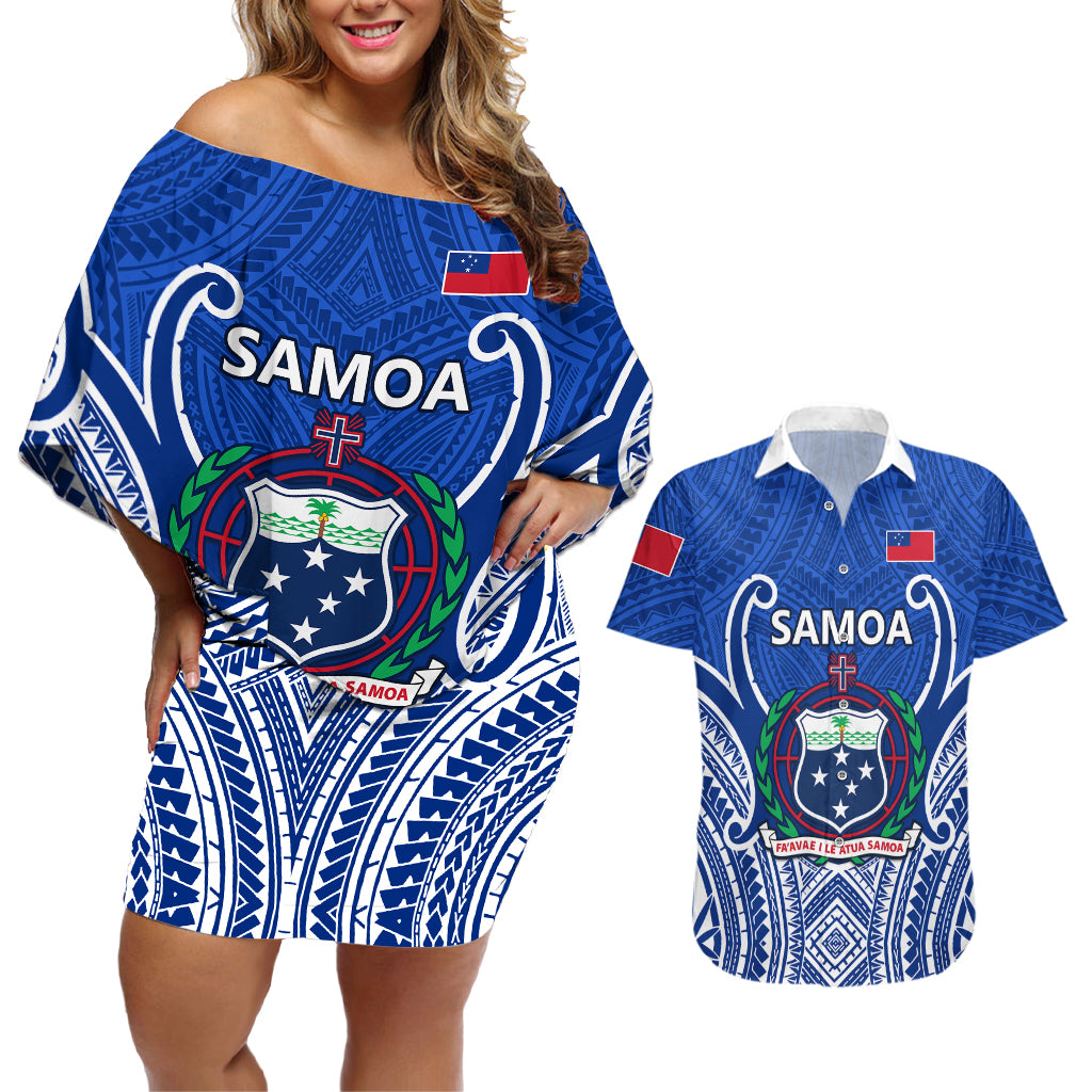 Custom Samoa Rugby Couples Matching Off Shoulder Short Dress and Hawaiian Shirt Manu Samoa Go 2023 World Cup LT01 Blue - Polynesian Pride