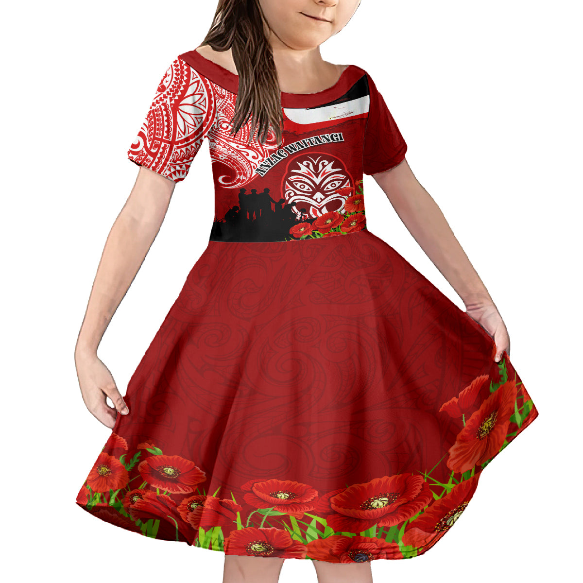 New Zealand ANZAC Waitangi Day Family Matching Off Shoulder Long Sleeve Dress and Hawaiian Shirt Lest We Forget Soldier Tiki Maori Style LT03 Daughter's Dress Red - Polynesian Pride