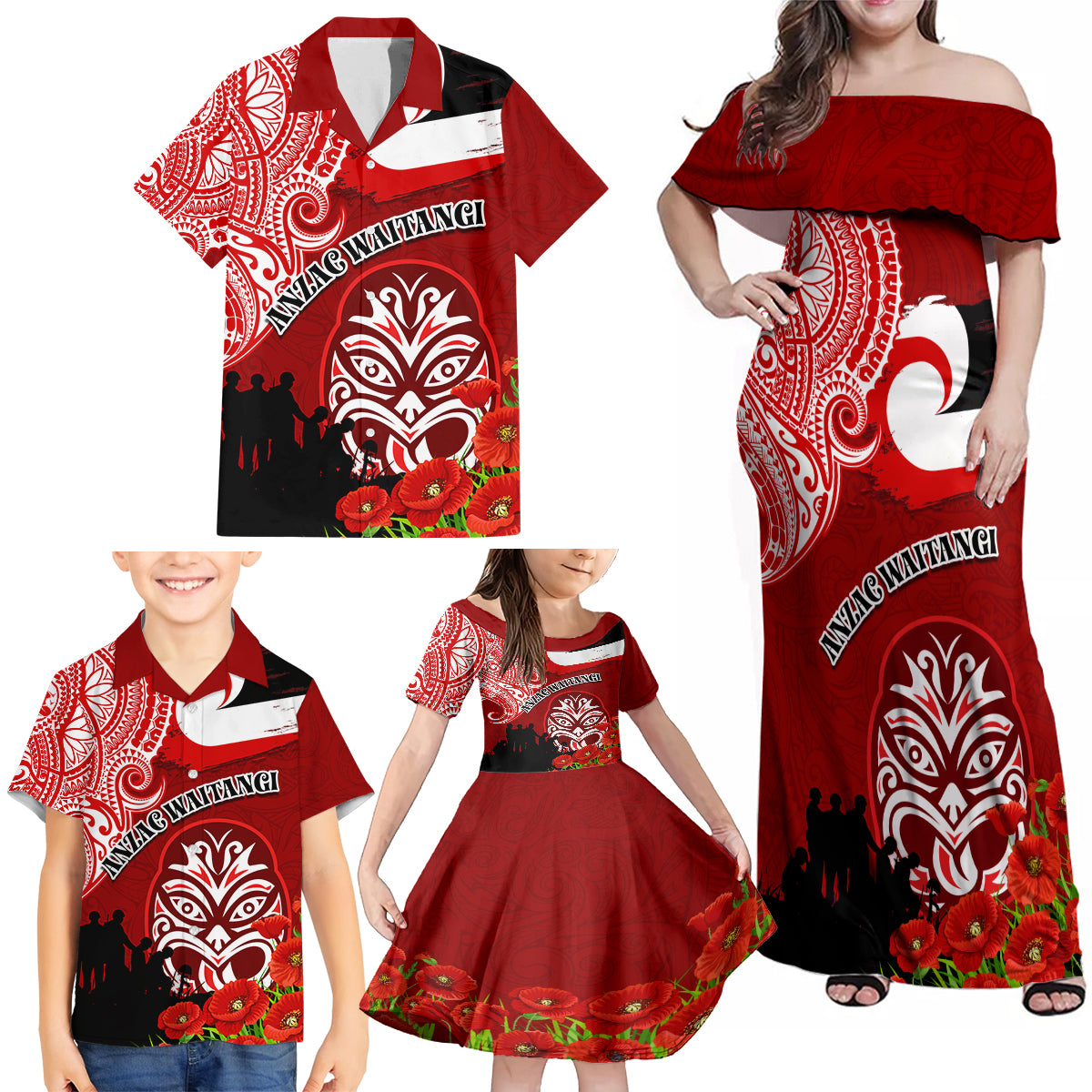 New Zealand ANZAC Waitangi Day Family Matching Off Shoulder Maxi Dress and Hawaiian Shirt Lest We Forget Soldier Tiki Maori Style LT03 - Polynesian Pride