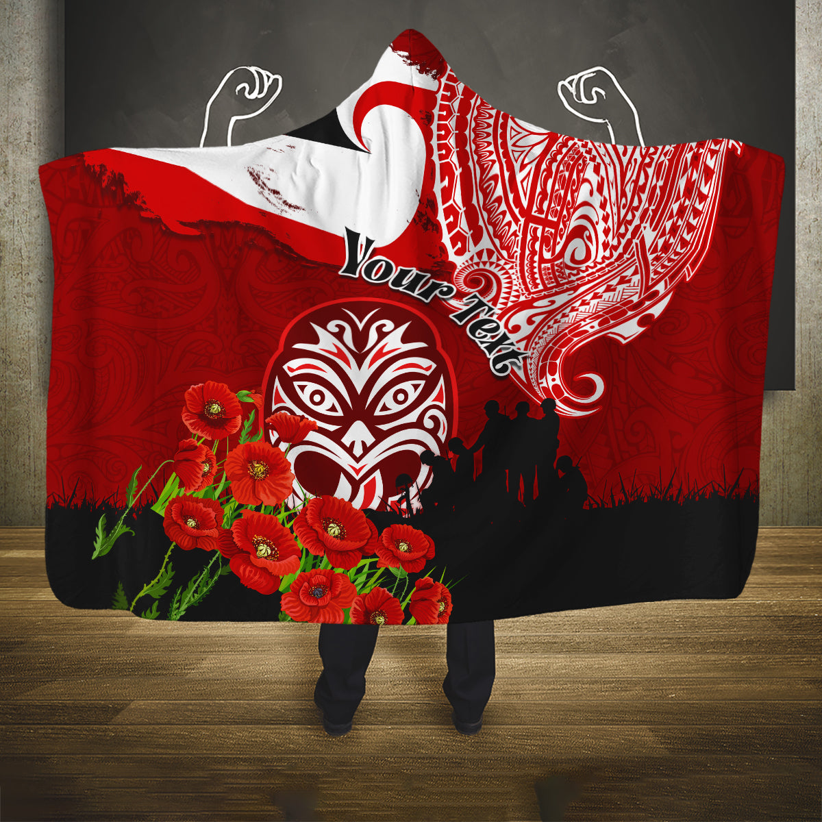 New Zealand ANZAC Waitangi Day Hooded Blanket Lest We Forget Soldier Tiki Maori Style LT03 One Size Red - Polynesian Pride