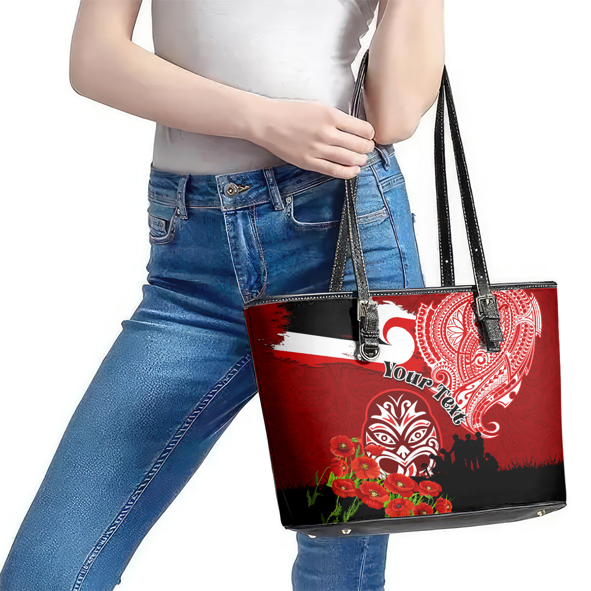 New Zealand ANZAC Waitangi Day Leather Tote Bag Lest We Forget Soldier Tiki Maori Style LT03 - Polynesian Pride