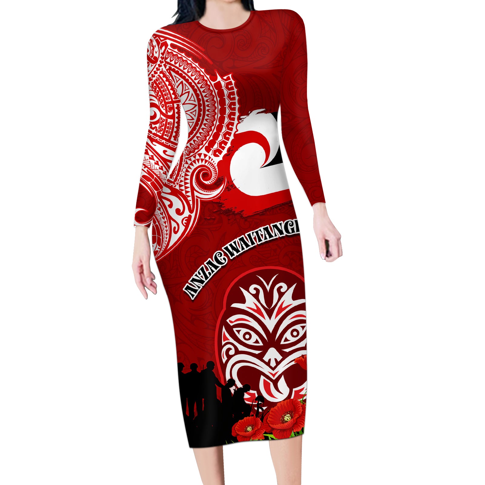 New Zealand ANZAC Waitangi Day Long Sleeve Bodycon Dress Lest We Forget Soldier Tiki Maori Style LT03 Long Dress Red - Polynesian Pride