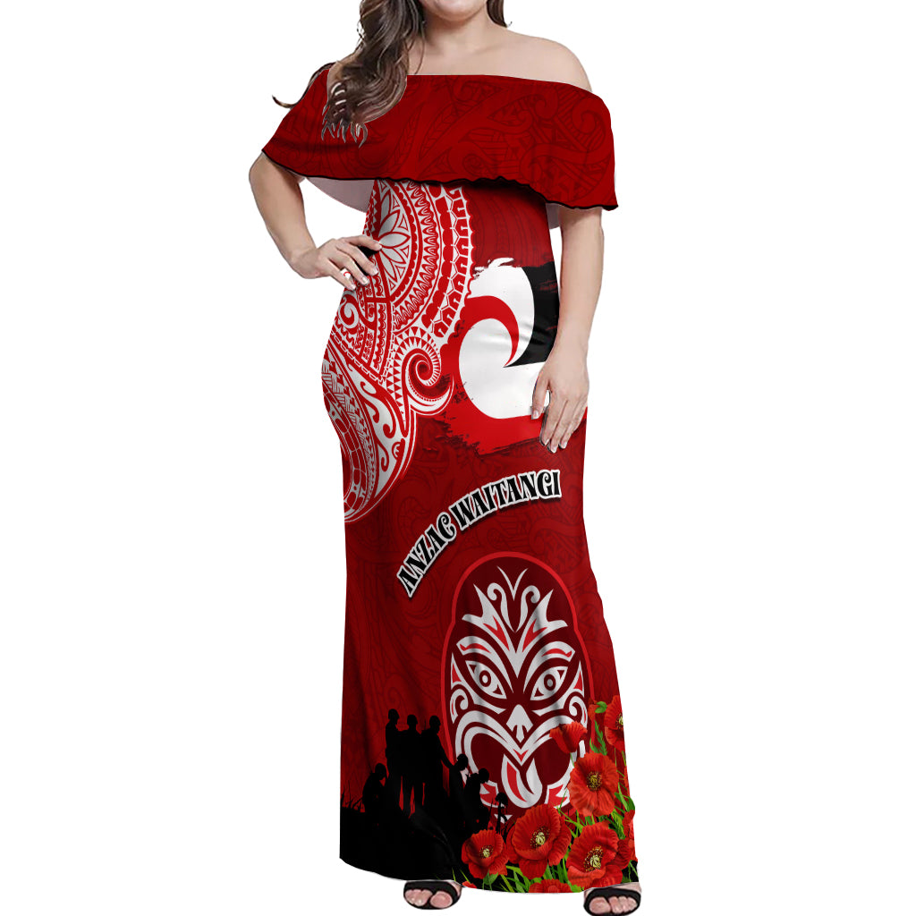 New Zealand ANZAC Waitangi Day Off Shoulder Maxi Dress Lest We Forget Soldier Tiki Maori Style LT03 Women Red - Polynesian Pride