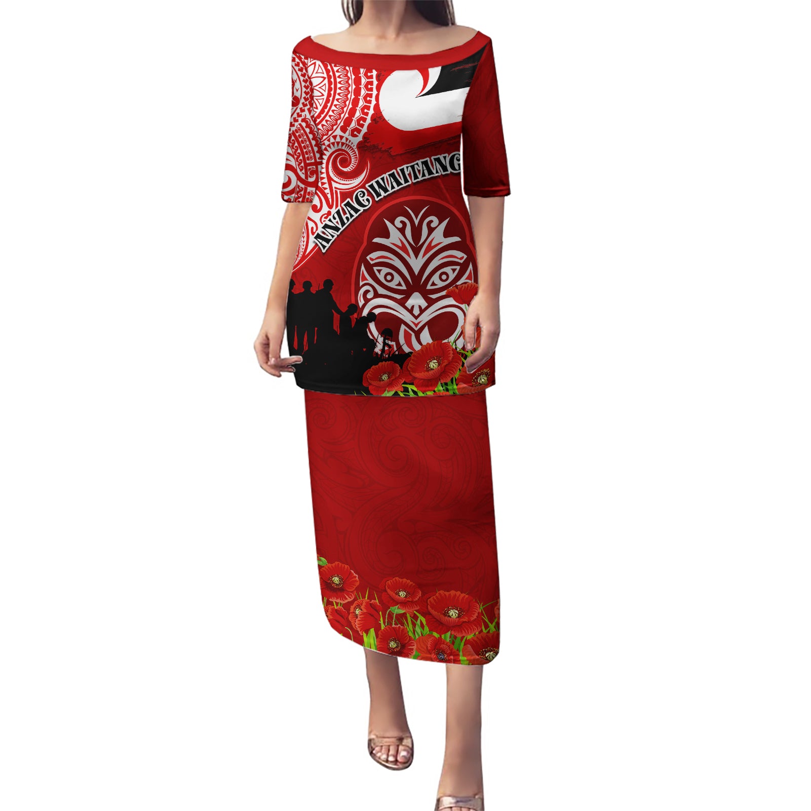 New Zealand ANZAC Waitangi Day Puletasi Lest We Forget Soldier Tiki Maori Style LT03 Long Dress Red - Polynesian Pride