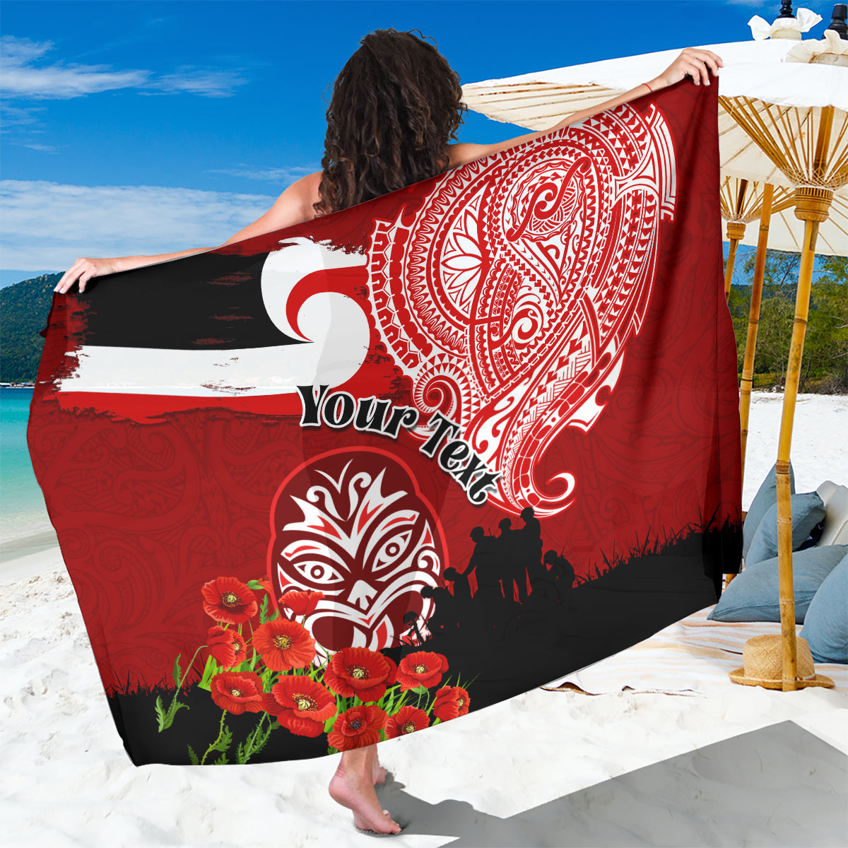 New Zealand ANZAC Waitangi Day Sarong Lest We Forget Soldier Tiki Maori Style LT03 One Size 44 x 66 inches Red - Polynesian Pride