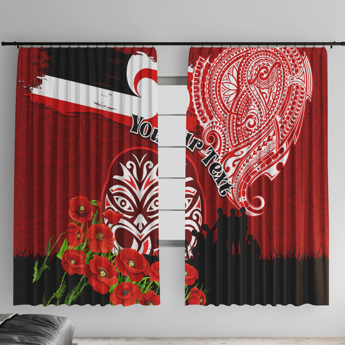 New Zealand ANZAC Waitangi Day Window Curtain Lest We Forget Soldier Tiki Maori Style LT03 With Hooks Red - Polynesian Pride