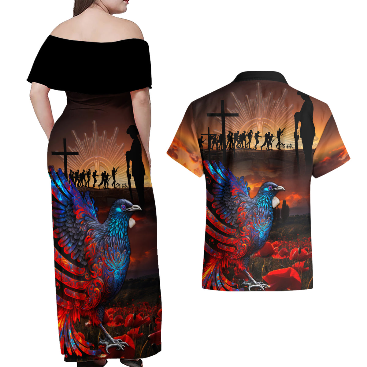 New Zealand Tui Bird Soldier ANZAC Couples Matching Off Shoulder Maxi Dress and Hawaiian Shirt Lest We Forget LT03