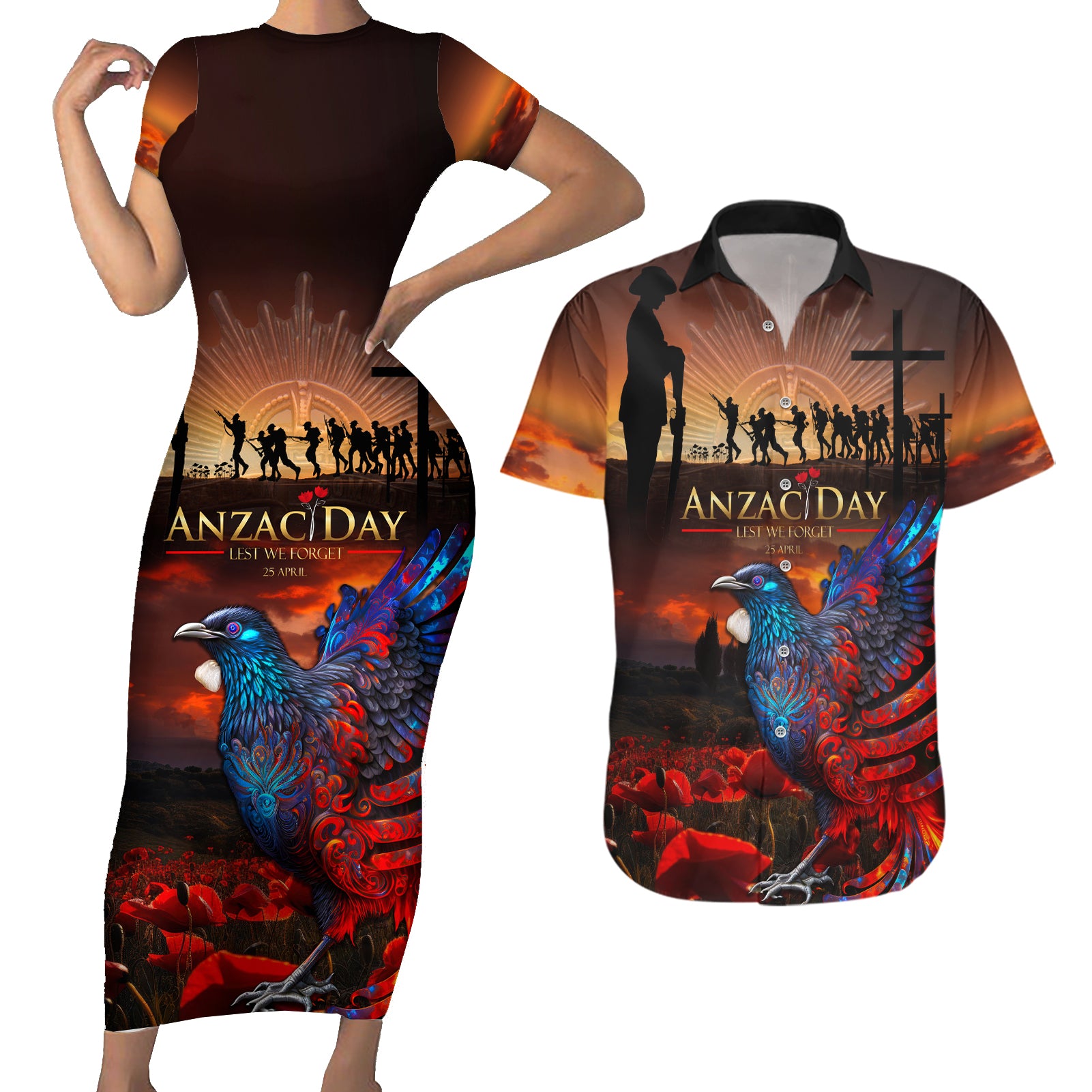 New Zealand Tui Bird Soldier ANZAC Couples Matching Short Sleeve Bodycon Dress and Hawaiian Shirt Lest We Forget LT03