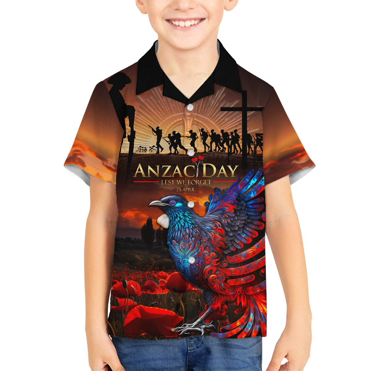 New Zealand Tui Bird Soldier ANZAC Family Matching Off Shoulder Short Dress and Hawaiian Shirt Lest We Forget LT03