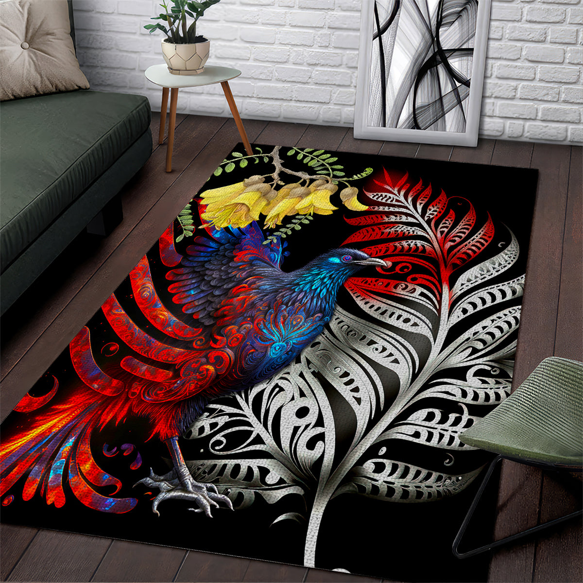 New Zealand Kohwhai Tui Bird Area Rug Silver Fern Version LT03 Black - Polynesian Pride