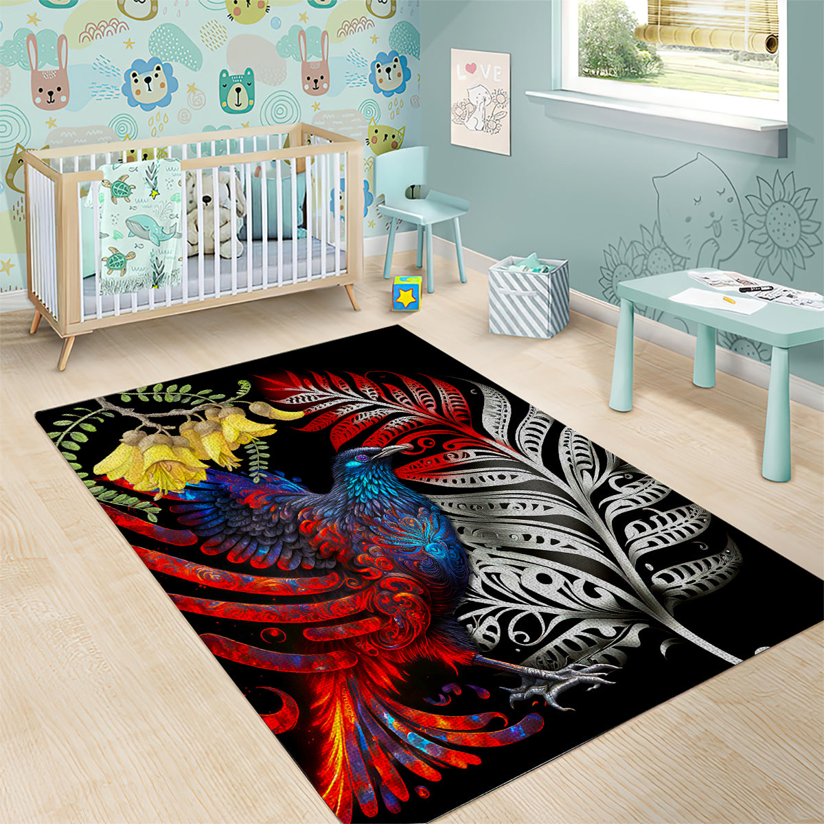 New Zealand Kohwhai Tui Bird Area Rug Silver Fern Version LT03 - Polynesian Pride