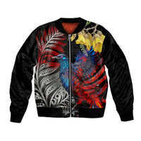 New Zealand Kohwhai Tui Bird Bomber Jacket Silver Fern Version LT03 Unisex Black - Polynesian Pride